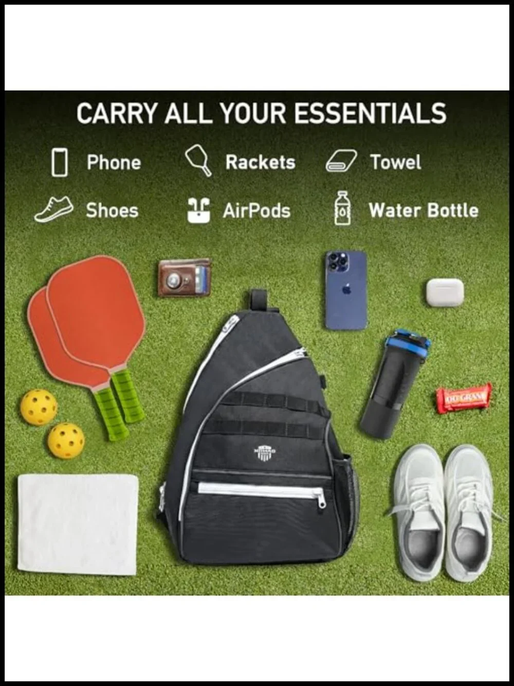 Pickleball Sling Bag with Fence Hook, 3 Compartments, 1000D PVC Coated Cordura